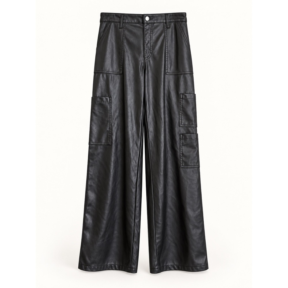 No Boundaries Black Faux Leather Cargo Pants Wide Leg Streetwear Women's Size M